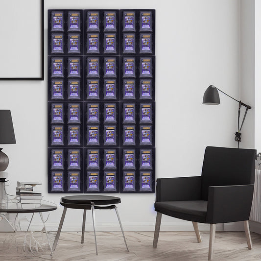 A wall display featuring 48 Beckett-graded trading cards, showcasing the diverse artwork and high grading of each card.