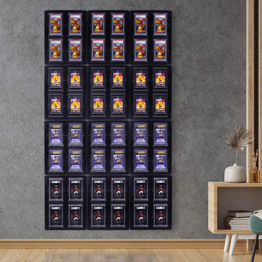 A living room display of 48 collectible cards: 12 in PSA holders, 12 in magnetic cases, 12 in SGC slabs, and 12 Beckett-graded. The cards are neatly arranged and add a personal touch to the room décor.