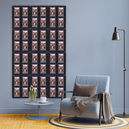 A wall display of 48 PSA-graded trading cards in a cozy residential living room.