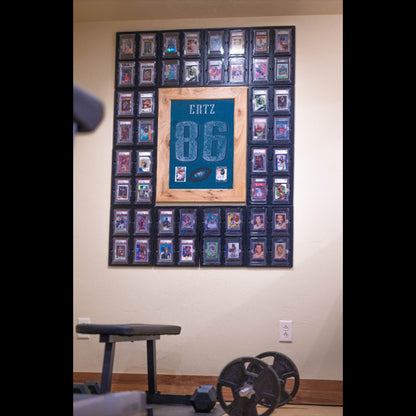 Image showing a wall adorned with 48 popper tiles, each containing unique collected cards and elements symbolizing cherished memories and diverse hobbies.