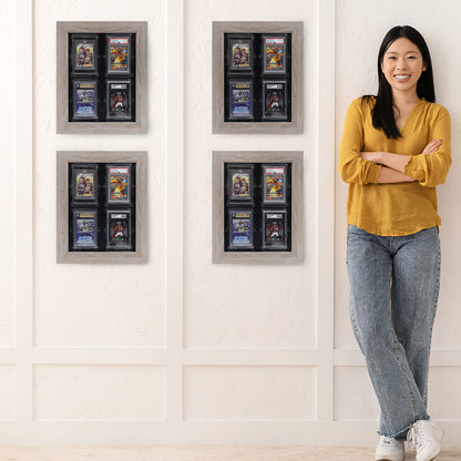 Four Card Poppers Weathered Oak 4 Trading Card Display" is mounted on a wall, containing an assortment of trading card slabs, including both graded and non-graded ones. The display has a rustic, aged oak appearance.