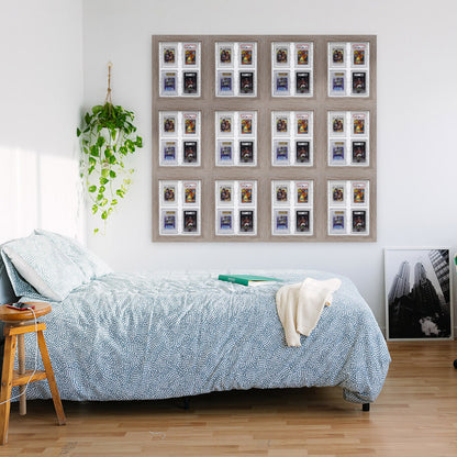 Card Poppers" displays, each crafted from oak wood, are arranged on the wall of a teenager's room, each showcasing a variety of trading cards.