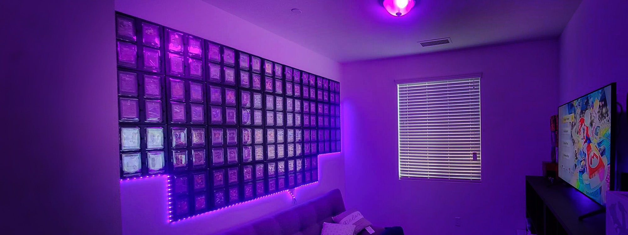 An impressive display of 48 trading cards, meticulously arranged in a grid, showcased prominently in a customer's man cave. The ambient lighting casts a soft glow on the cards, highlighting the vivid colors and intricate details of each one. The surrounding decor gives a cozy yet masculine vibe, creating an inviting atmosphere for enthusiasts and guests alike.