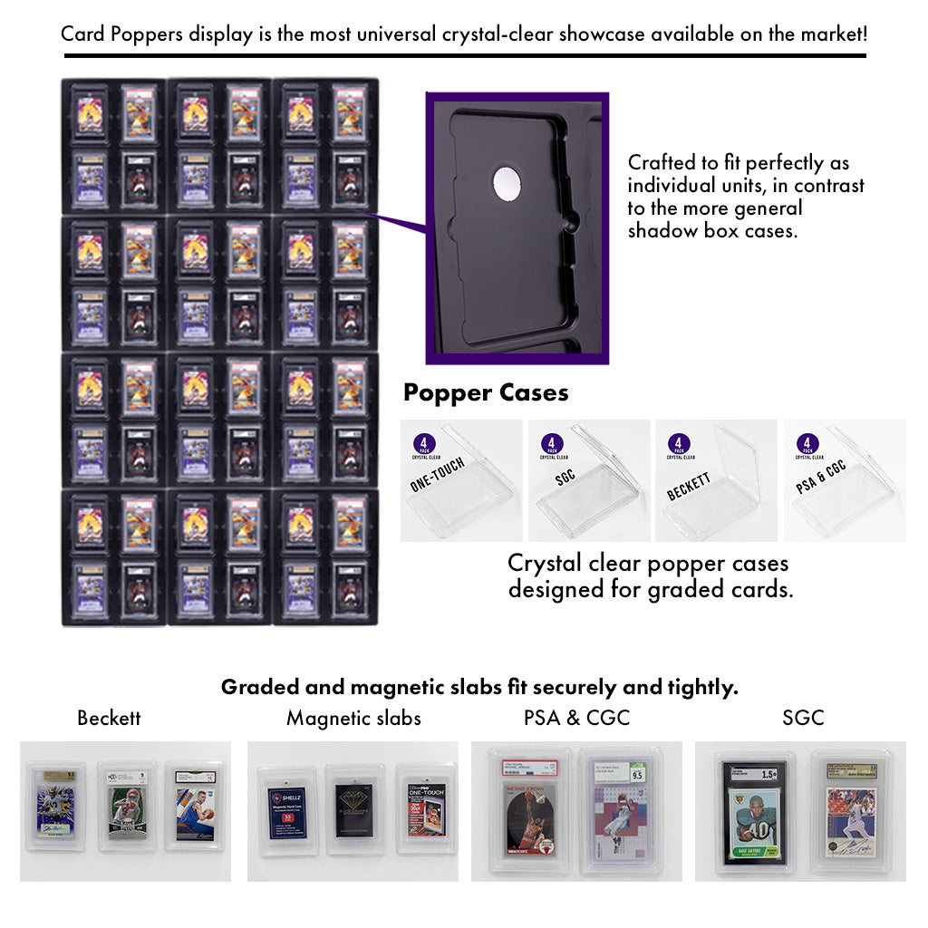 The image represents Card Poppers, essential tools for protecting your collection, featuring a 48-card display. These displays are perfect for both Pokemon and sports cards, showcasing their unique characteristics while emphasizing key features of the Card Poppers' protective design.