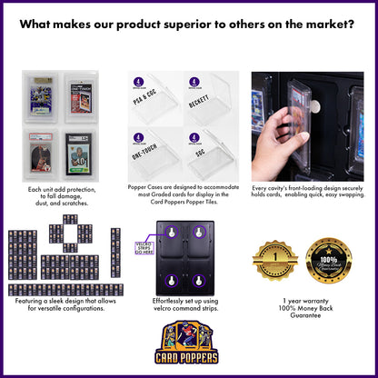 Image showcasing the superior features and benefits of our product, highlighting its unique design, functionality, and quality that set it apart from other trading card display options available in the market