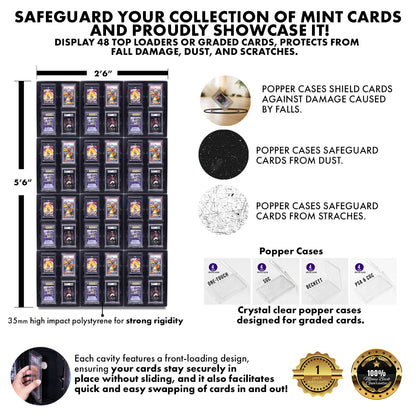 This image highlights Card Poppers, designed to safeguard your collection with a 48-card display. It's an excellent solution for preserving your Pokemon and sports cards, offering key features to effectively showcase and protect your precious card collection.