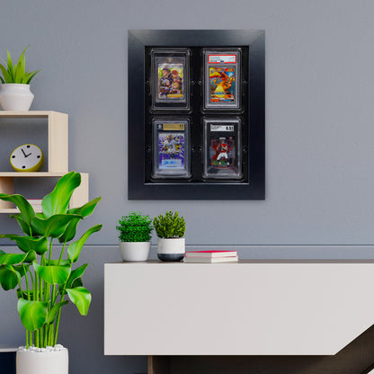 A wall-mounted display frame, called Card Poppers 4 Trading Card Display Picture Frame, exhibiting trading cards