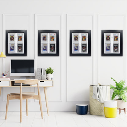 Four black-framed Card Poppers 4 Trading Card Display Picture Frame with a white card holder, presenting trading cards on a wall.