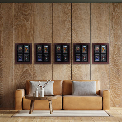 A picture frame of five Cherry Wood and Black Tray displaying Card Poppers 4 Trading Cards on a wall.