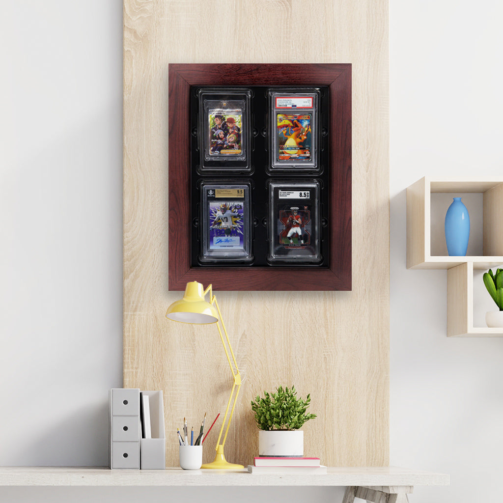 A picture frame Cherry Wood and Black Tray displaying Card Poppers 4 Trading Cards on a wall.