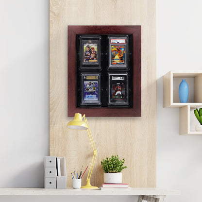 A picture frame Cherry Wood and Black Tray displaying Card Poppers 4 Trading Cards on a wall.