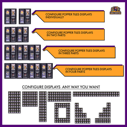 Image illustrating the configuration process of a Popper Tiles 48 Card Display, showing how you can personalize and organize your trading card collection.