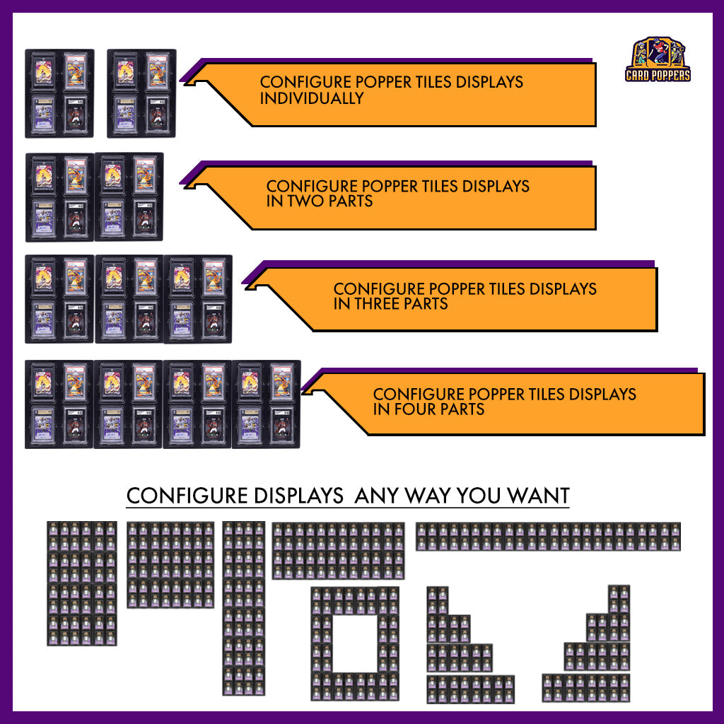 Image illustrating the configuration process of a Popper Tiles 48 Card Display, showing how you can personalize and organize your trading card collection.