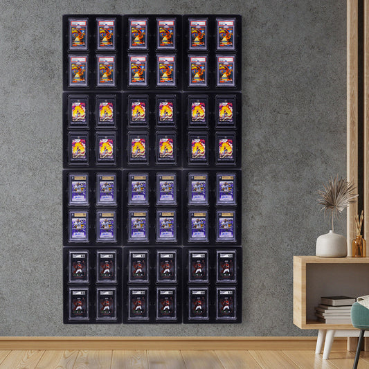 A living room display of 48 collectible cards: 12 in PSA holders, 12 in magnetic cases, 12 in SGC slabs, and 12 Beckett-graded. The cards are neatly arranged and add a personal touch to the room décor.