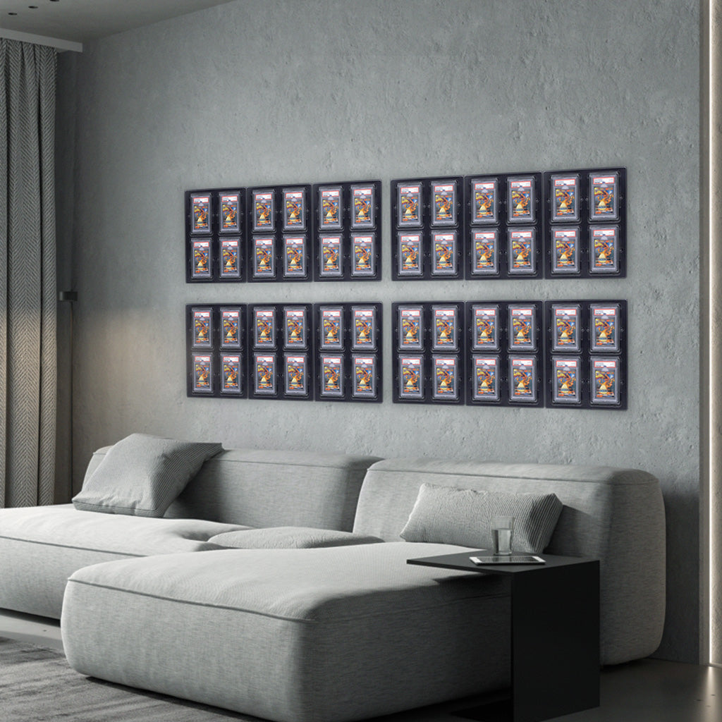 A wall display of 48 PSA-graded cards in a cozy living room setting.