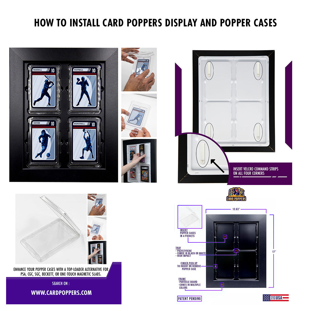 This image provides a step-by-step guide on how to install the Card Poppers Display Frame and Popper Cases. It illustrates the assembly process, giving viewers a clear understanding of how to securely place and showcase their cherished card collections.